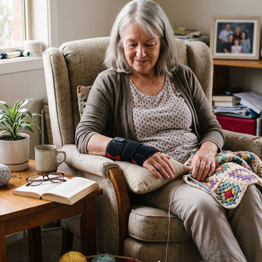 An older woman sits in a beige armchair in a cozy living room, wearing a black wrist brace on her right arm while knitting a colorful blanket on her lap.