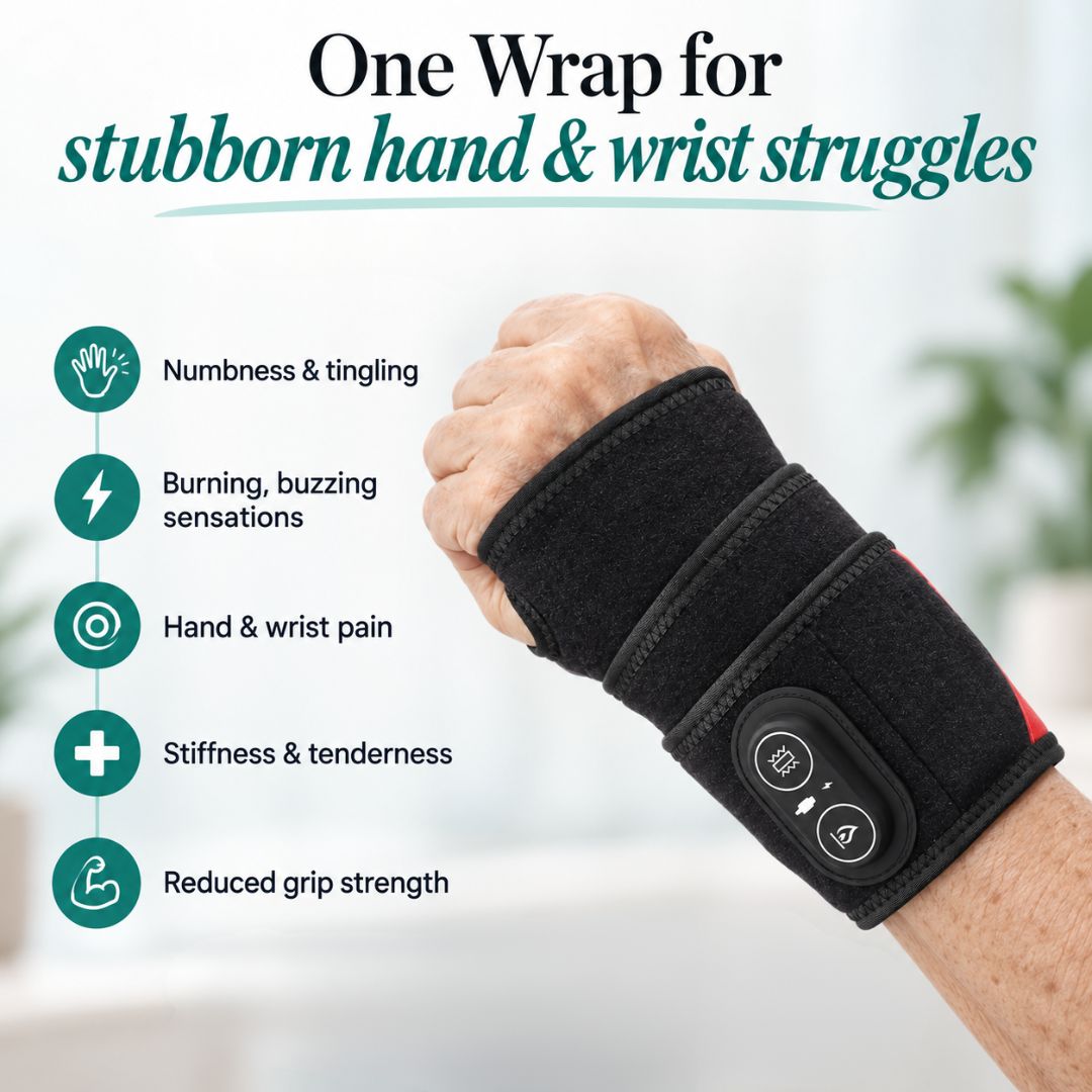 A black electric wrist wrap shown on a person's hand and wrist, with marketing text and feature icons on the left. The wrap has a visible control panel with buttons and appears to be marketed for numbness, burning sensations, pain, stiffness, and reduced grip strength.